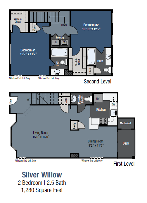 Floor plan for 2 beds, 2.5 baths, 1280 sqft